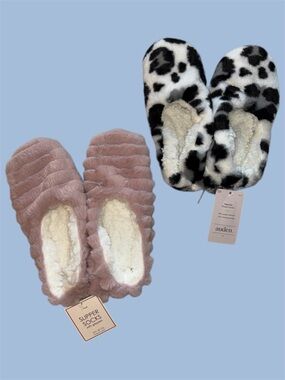Auden Plush Indoor Slipper Socks Set -Blush Pink & Black/White Leopard Print